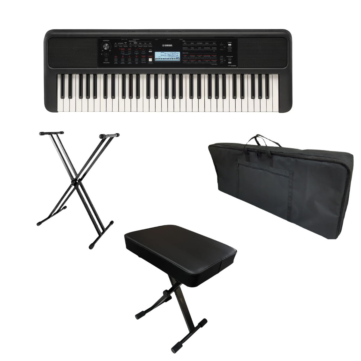Teclado Musical Yamaha PSR-E383 - Base + Estuche + Silla